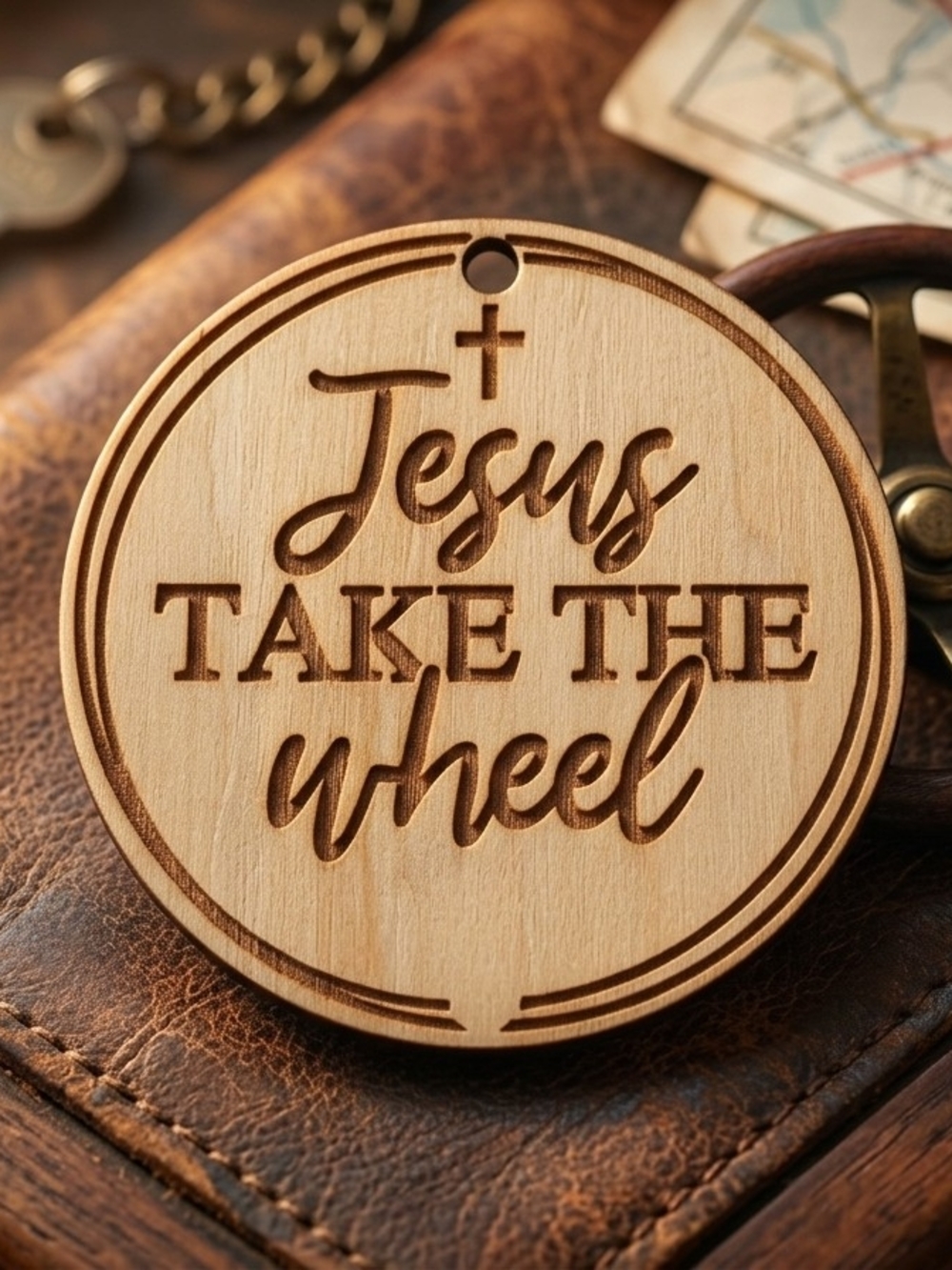 Wooden 'Jesus Take The Wheel' Keychain Pendant - Light Wood